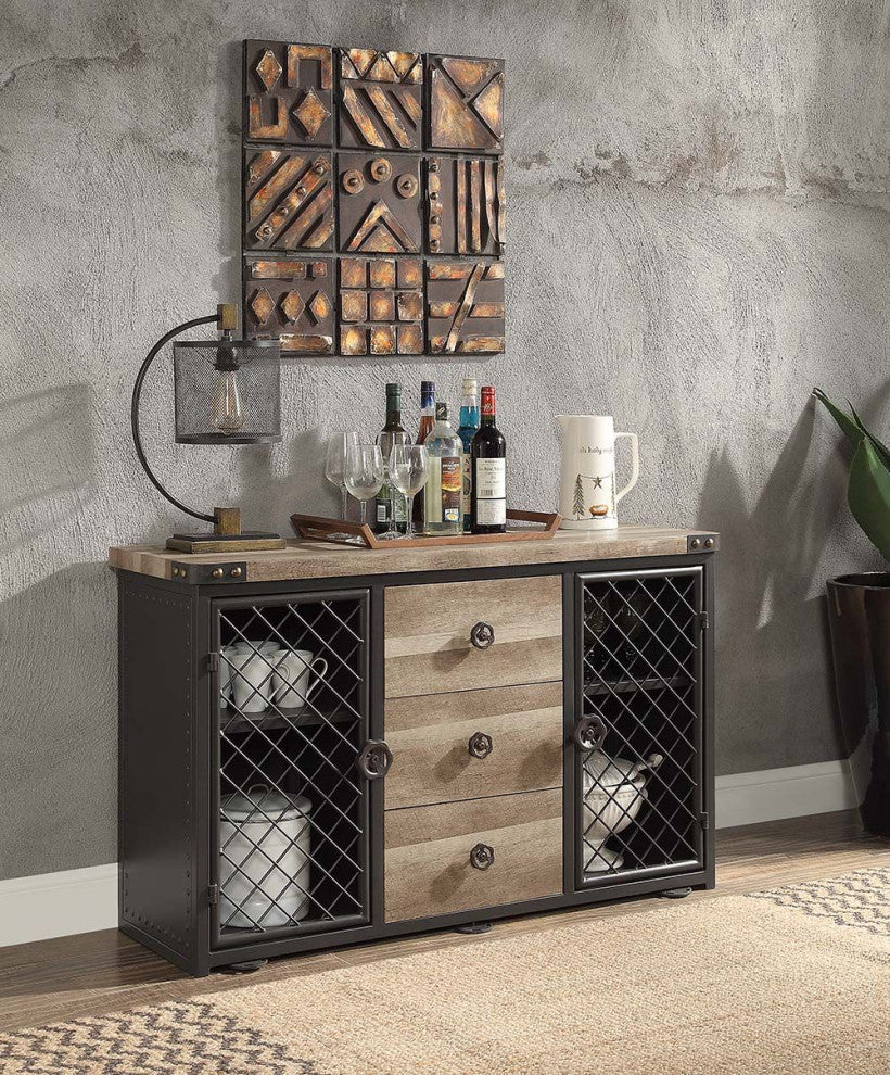 Wood Server With 2 Doors and 3 Drawers, Oak and Sandy Black