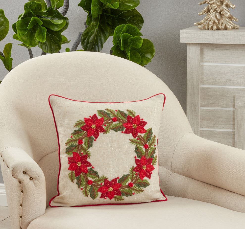 Poinsettia Wreath Design Down-Filled Throw Pillow, 16"x16", Multi