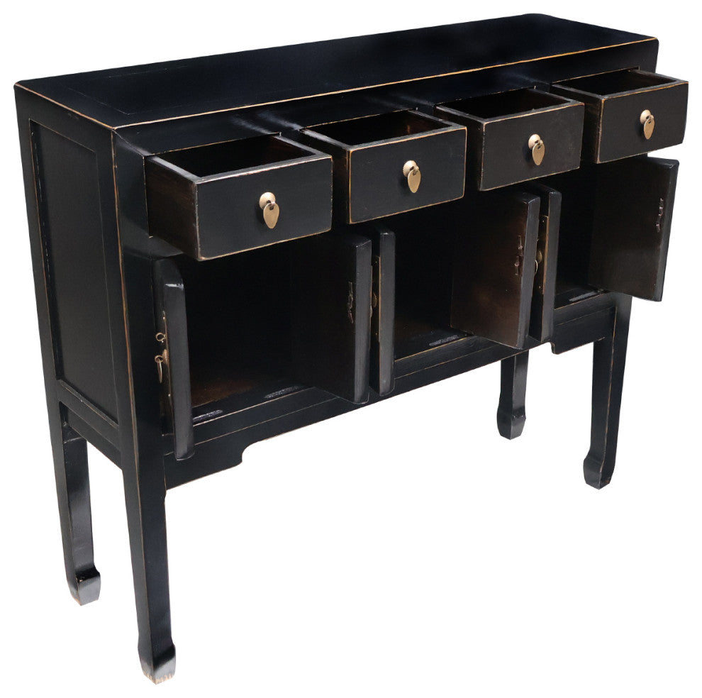 Chinese Console Lacquer Lady Chest, Black With Gold Highlight