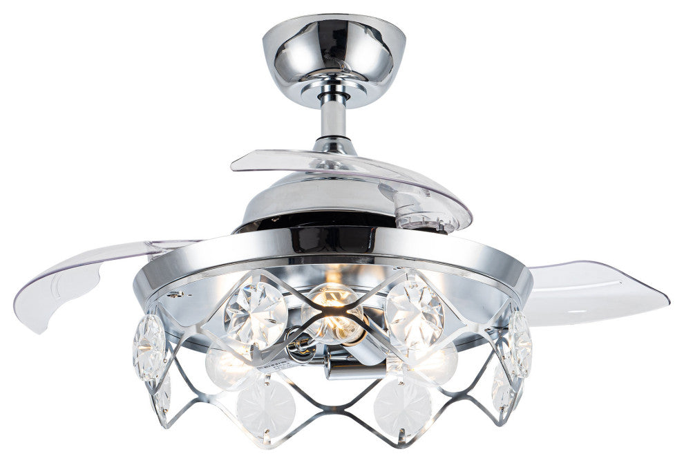 36 in Chrome Crystal Shade Ceiling Fan with Remote, Three Retractable Blades
