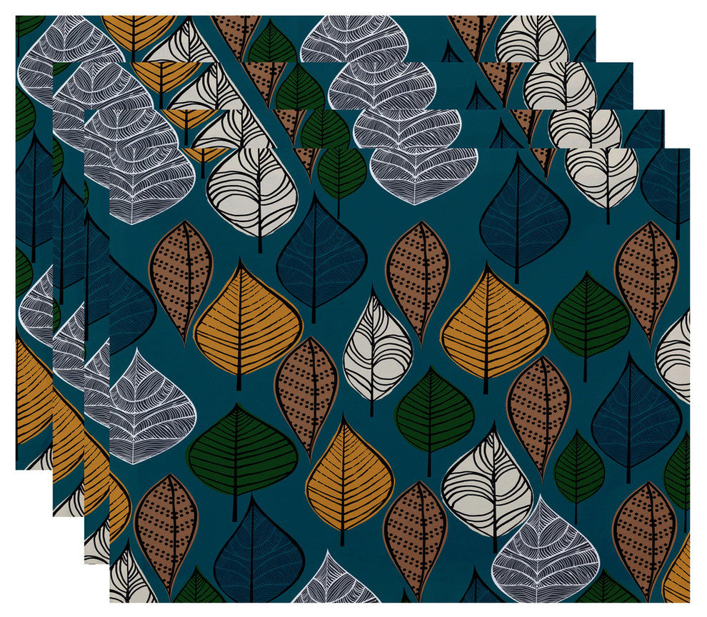 Autumn Leaves Floral Print Placemat, Set of 4, Teal