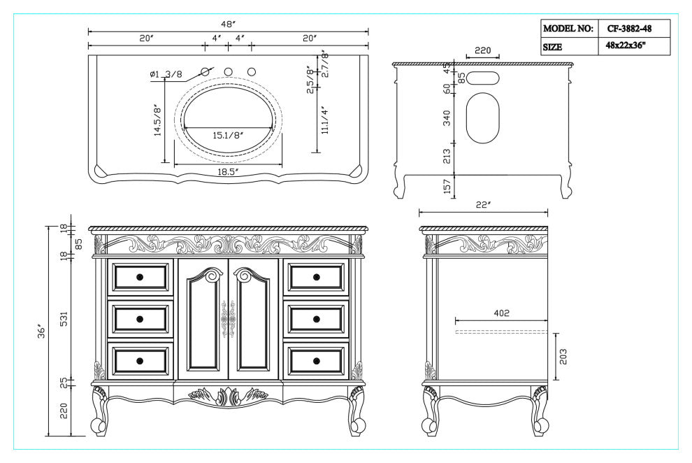 48" Cream Marble Top Classic-Style Beckham Bathroom Sink Vanity