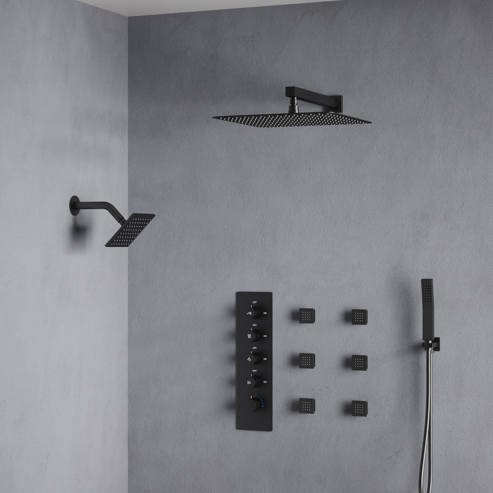 Dual Heads 16" Thermostatic Shower System With Hand Shower, Matte Black