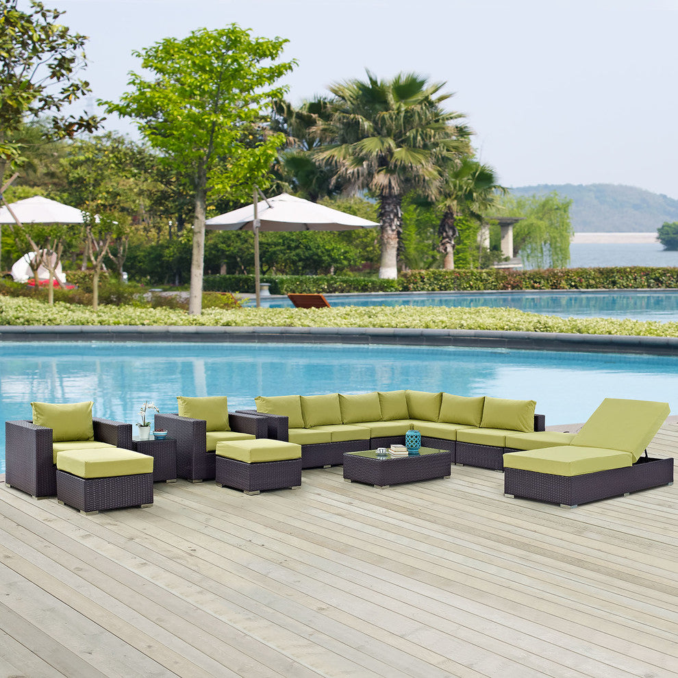 Modway Convene 12 Piece Outdoor Patio Sectional Set, Espresso Peridot
