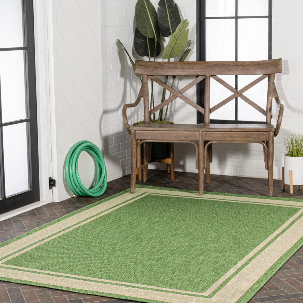 James Modern Border Stripe Indoor/Outdoor Area Rug, Green/Cream, 5x8