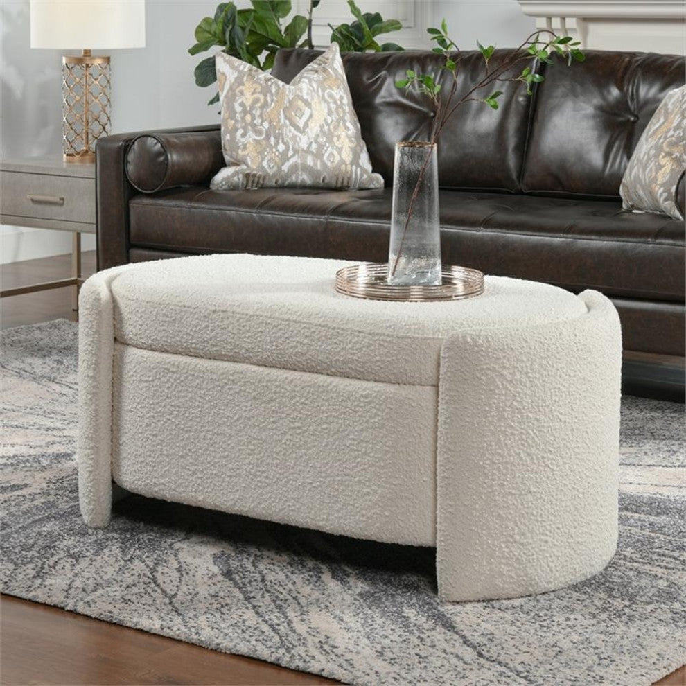 Maklaine Trandsitional 44" Upholstered Boucle Oval Storage Bench in Ivory White