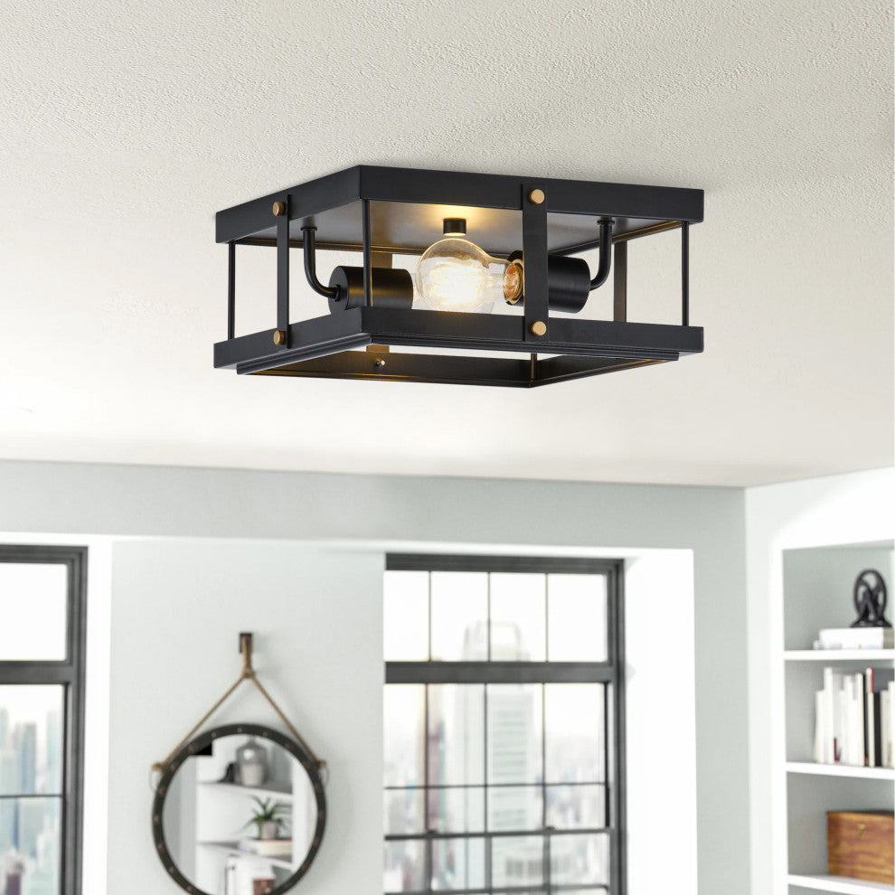 Industrial Black 2-Light Rectangle Iron Frame Flush Mount Ceiling Light
