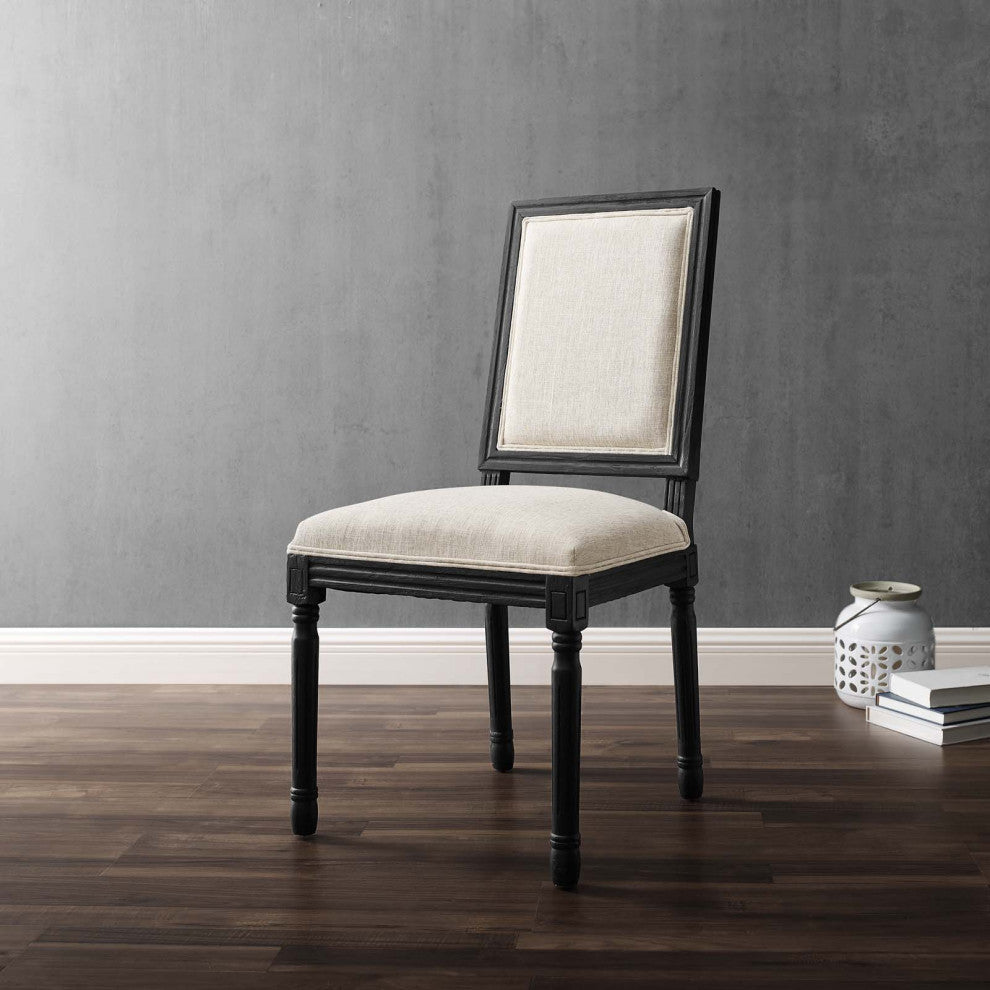 French Vintage Side Dining Chair, Fabric, Wood, Black Beige, Modern, Cafe Bistro