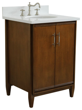 25" Single Sink Vanity, Walnut Finish, White Engineered Stone Top and Oval Sink