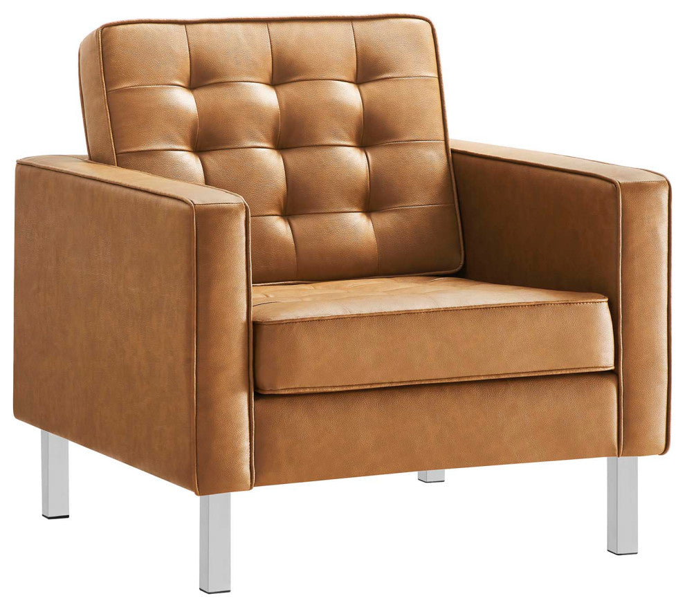 Loft Tufted Vegan Leather Armchair and Ottoman Set, Silver Tan