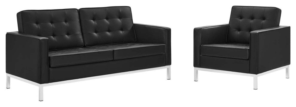 Loft Tufted Upholstered Faux Leather Loveseat and Armchair Set