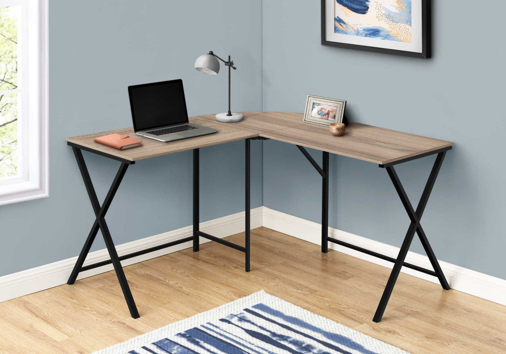 HomeRoots 55" Dark Taupe Top and Black Metal Corner Computer Desk