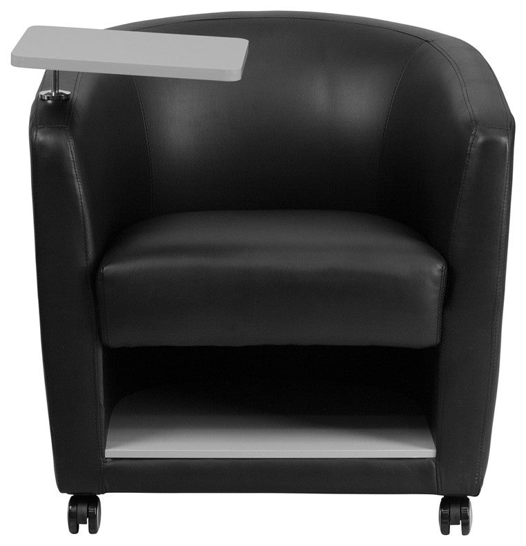 Black Leather Guest Chair with Tablet Arm and Under Seat Storage