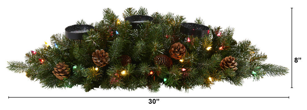 30ï¿½Flocked and Glittered Christmas Triple Candelabrum / 35 Lights and Pine Cones