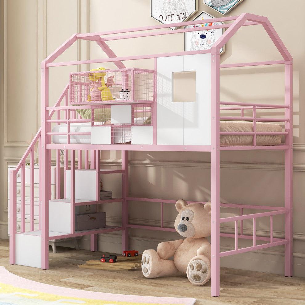 Gewnee Metal Loft Bed with roof design and a storage box, Twin, Pink