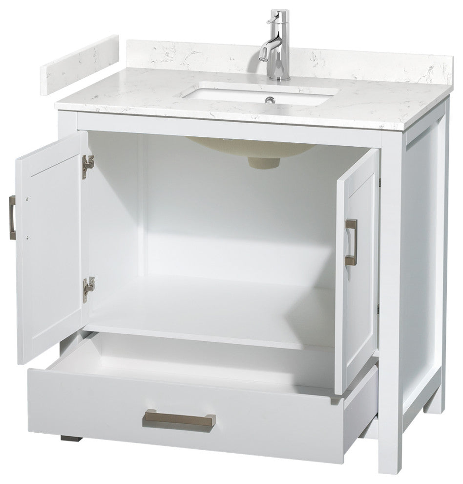 36" Single Bathroom Vanity, White, Carrara Cultured Marble Countertop, Sink