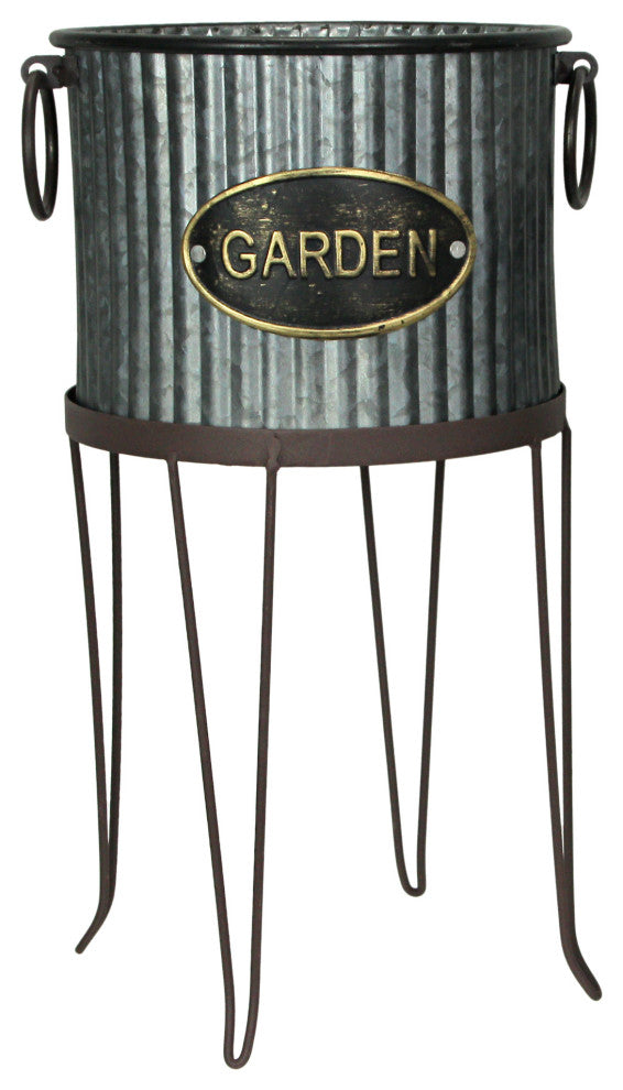 Set of 2 Rustic Galvanized Metal Round Flower Pot Garden Planters With Stands