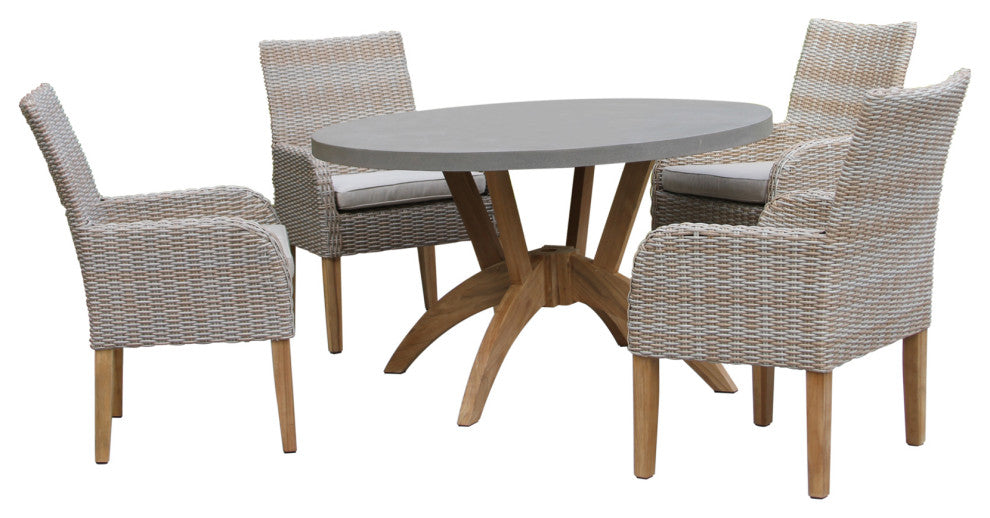 5-Piece Nautical Teak, Ash Gray Wicker Round Dining Set, Sunbrella