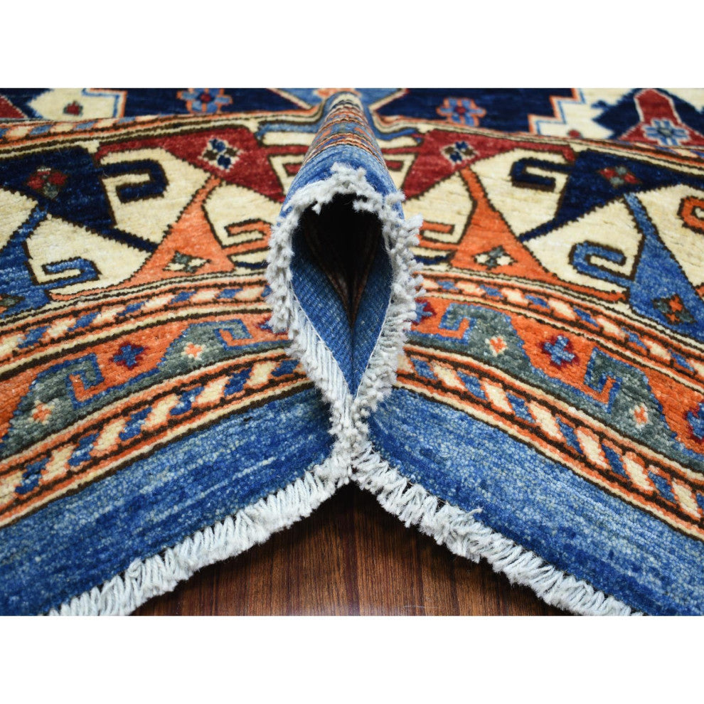 Blue Afghan Ersari With Large Elements Soft Wool Hand Knotted Rug, 9'2"x11'10"