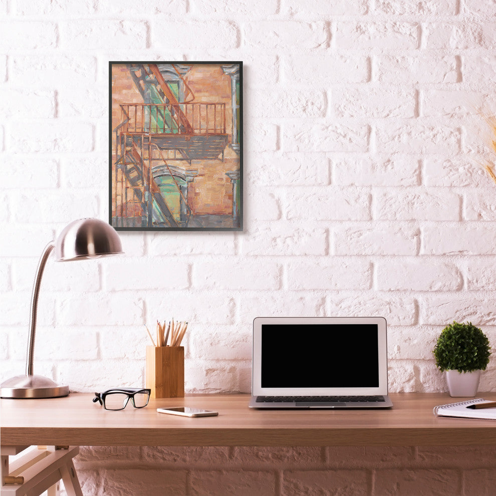 Cityscape Fire Escape Green Red Painting, 24"x30"