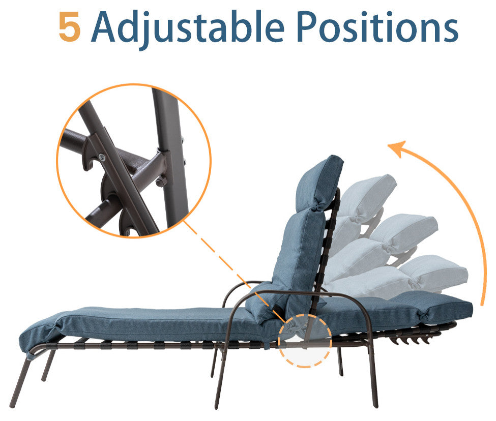 Set of 2 Adjustable Chaise Lounge Chair with Cushion & Pillow, Dark Blue