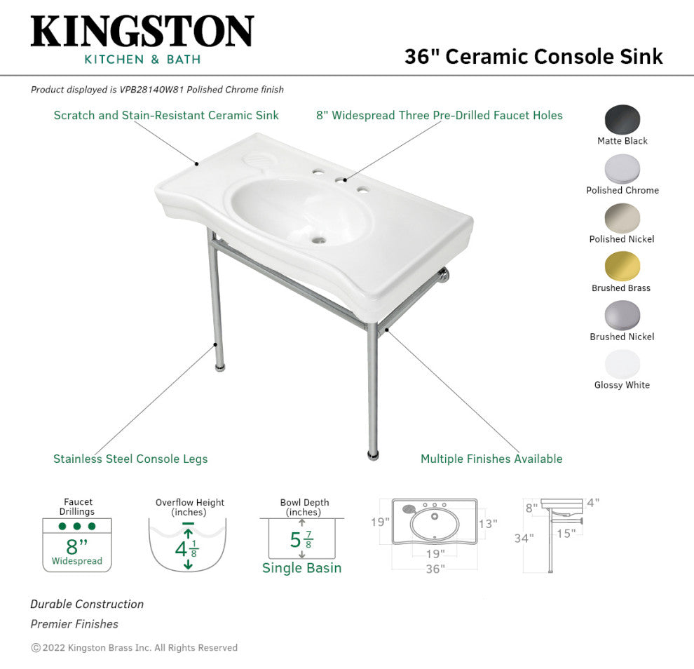 Fauceture VPB28140W81 36" Ceramic Console Sink, Legs