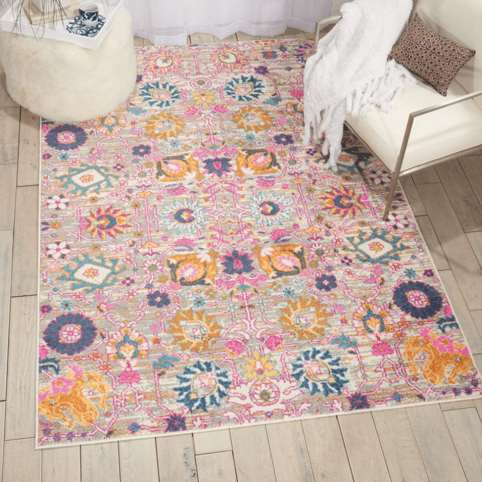 5' X 7' Gray and Pink Floral Power Loom Distressed Area Rug