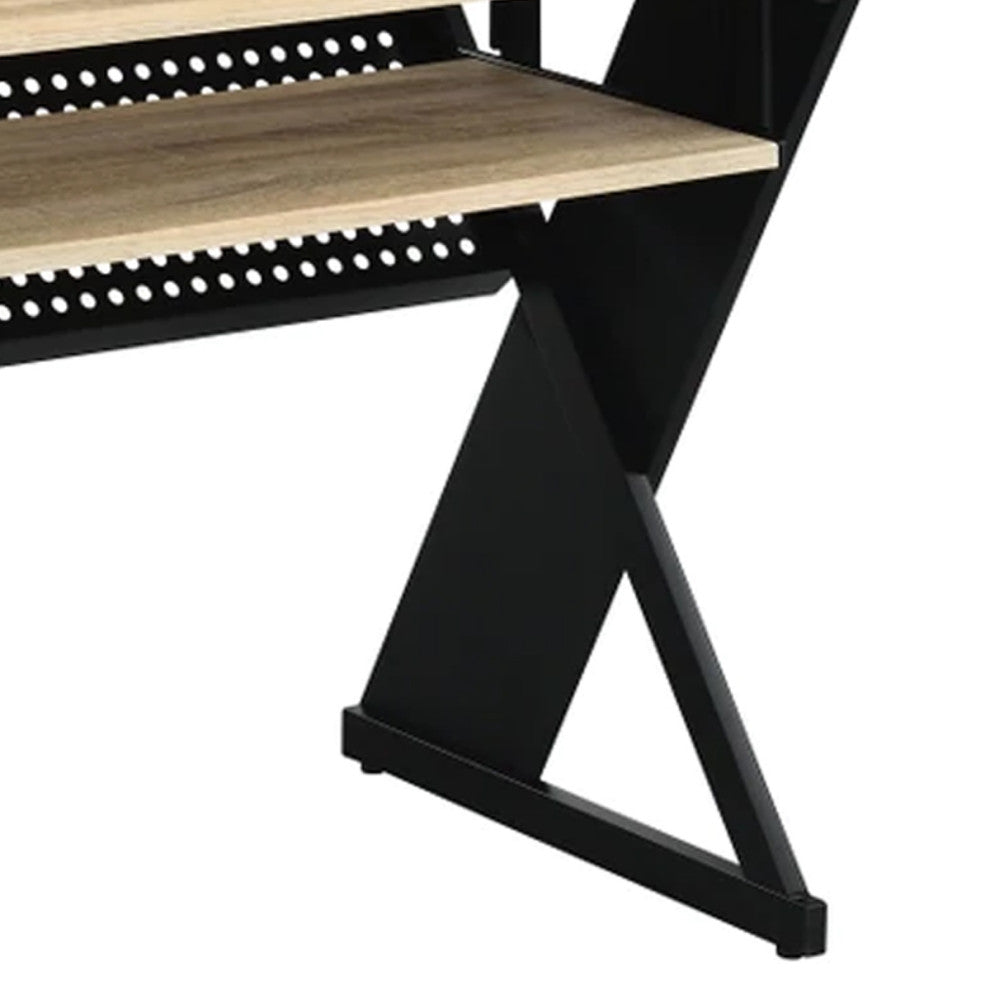 Benzara BM276203 Wood Music Desk Studio Station, Keyboard Tray, Shelves, Brown