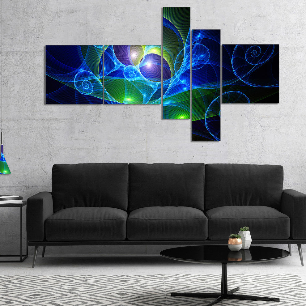 Blue Curly Spiral on Black, Abstract Wall Art Canvas, 60"x32", 5 panels