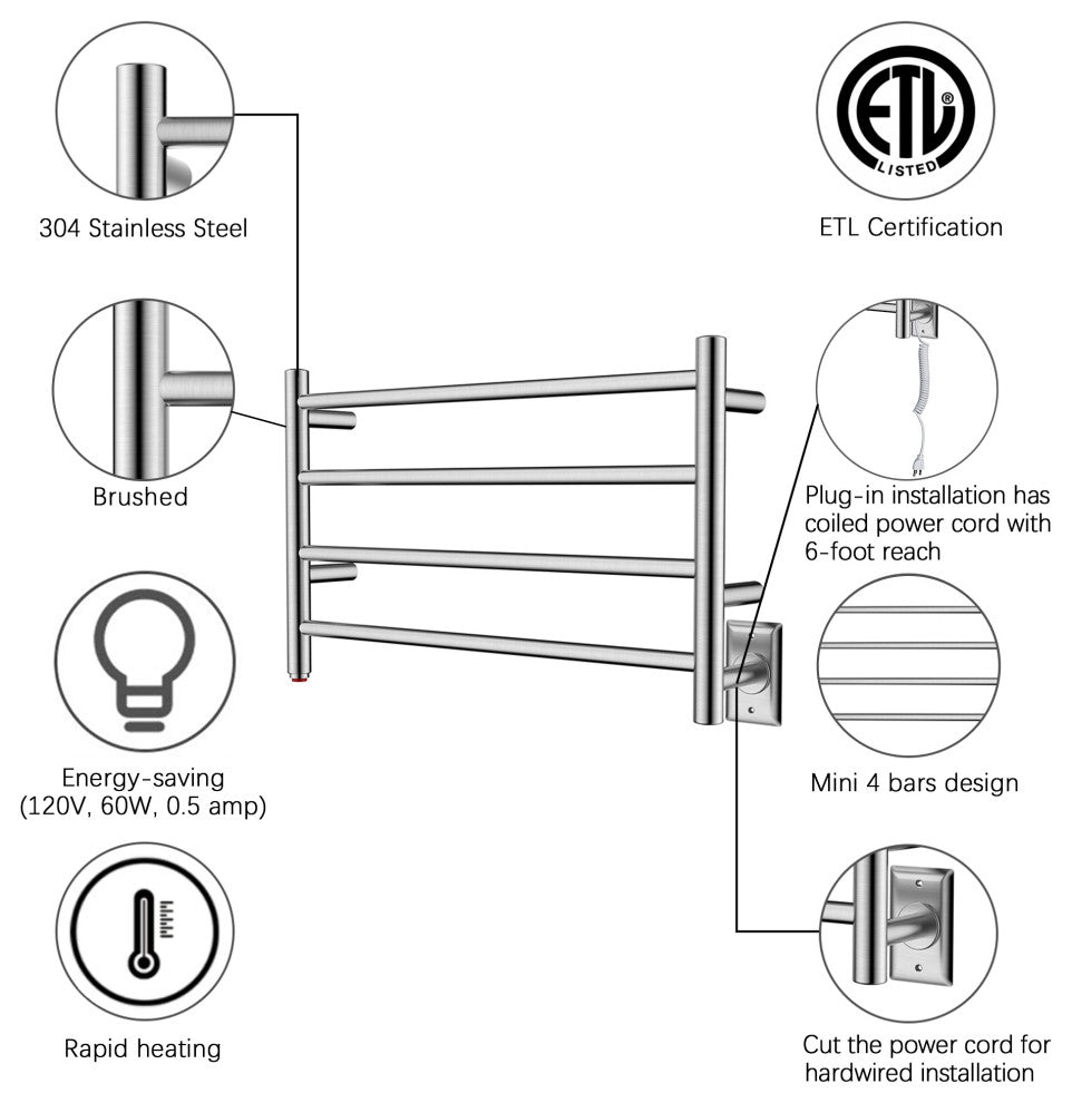HEATGENE 4 Bar Wall-Mounted Plug-in / Hard-wiring Towel Warmer, Brush Polish