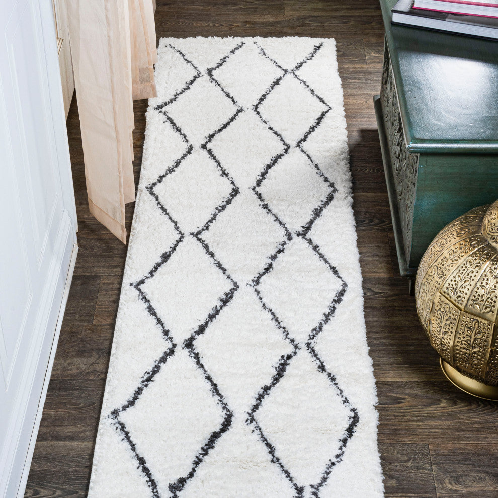 Catala Moroccan Diamond Shag Rug, White/Black, 2x8