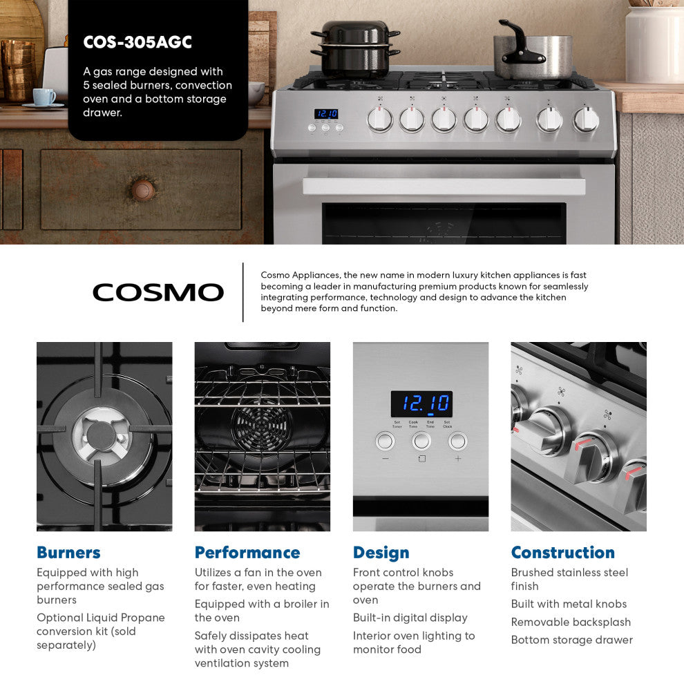 Cosmo COS-305AGC 30" 5.0 cu. ft. Single Oven Gas Range With 5 Burner Cooktop