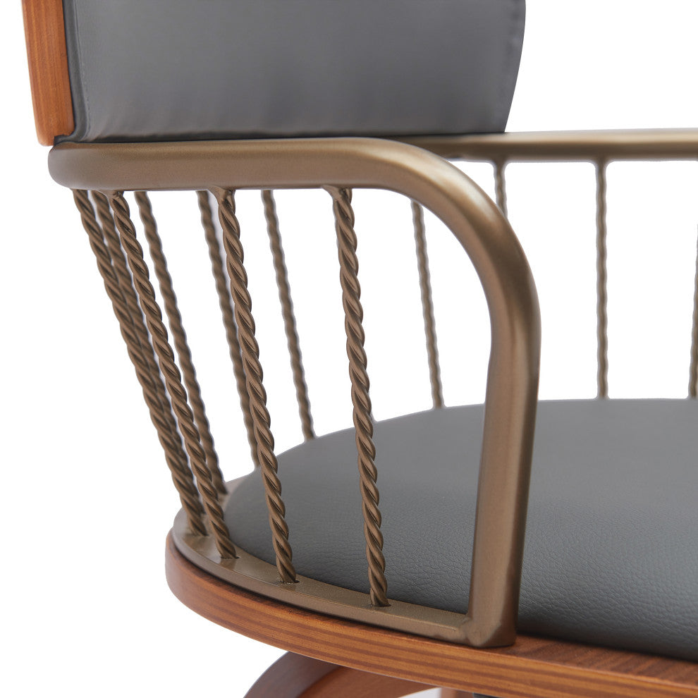 Willow 25.5" Swivel Walnut Wood Counter Stool Gray Faux Leather and Bronze Metal, 30