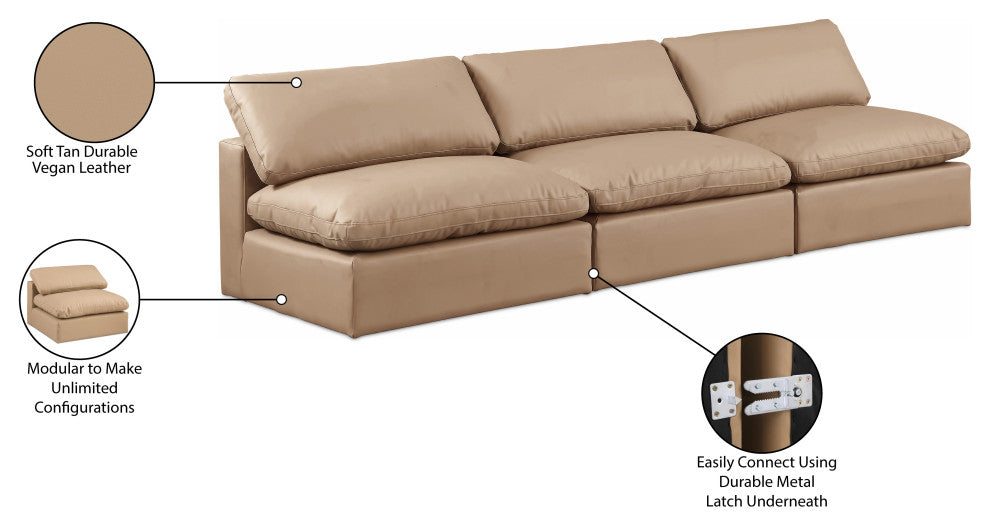 Comfy Upholstered Modular Sofa, Tan, 3-Piece: 3 Armless Chair, Vegan Leather