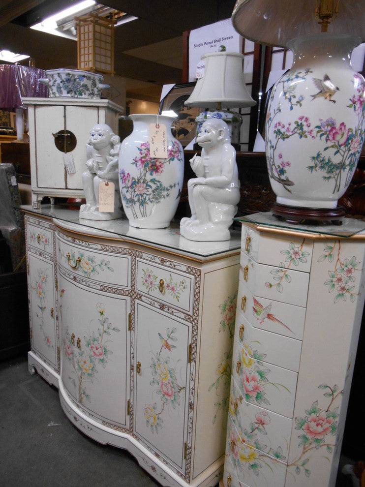 Oriental Lacquer Cabinet with Rounded Center and Hand Painted Floral 48"W