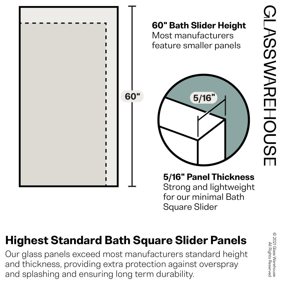 68-72"x60-Frameless Bath Tub Sliding Shower Door Square Hardware, Polished Chrome