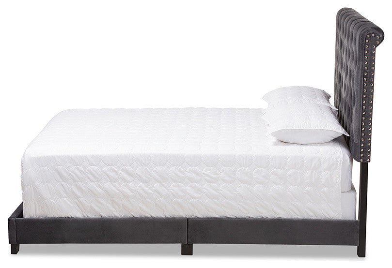 Candace Luxe and Glamour Dark Gray Velvet Upholstered King Size Bed