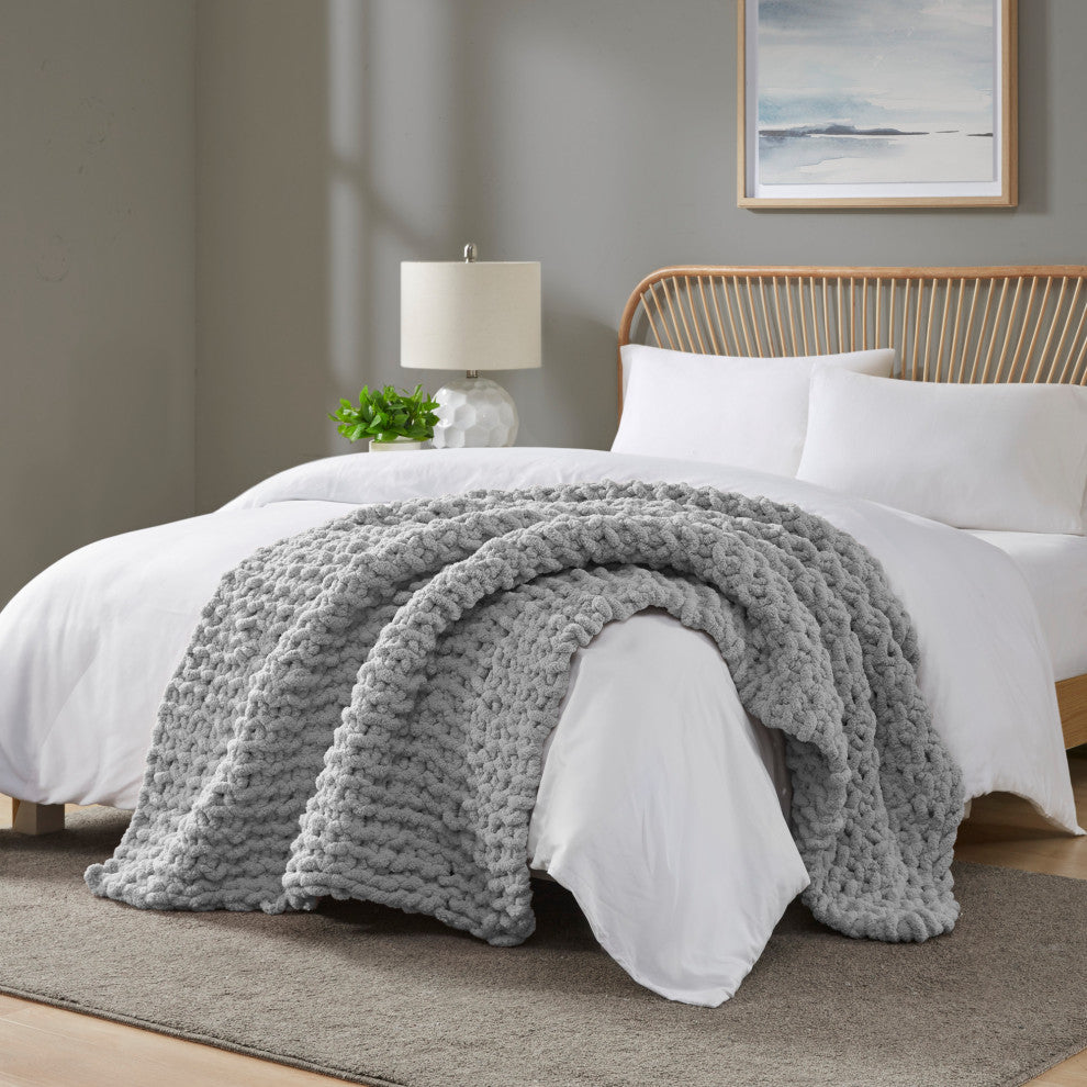 Madison Park Handmade Chenille Chunky Knit 50"x60" Throw, Gray
