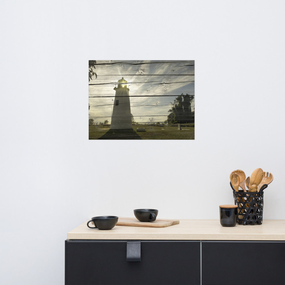 Faux Rustic Reclaimed Wood Turkey Point Lighthouse Unframed Wall Art Prints, 18" X 24"