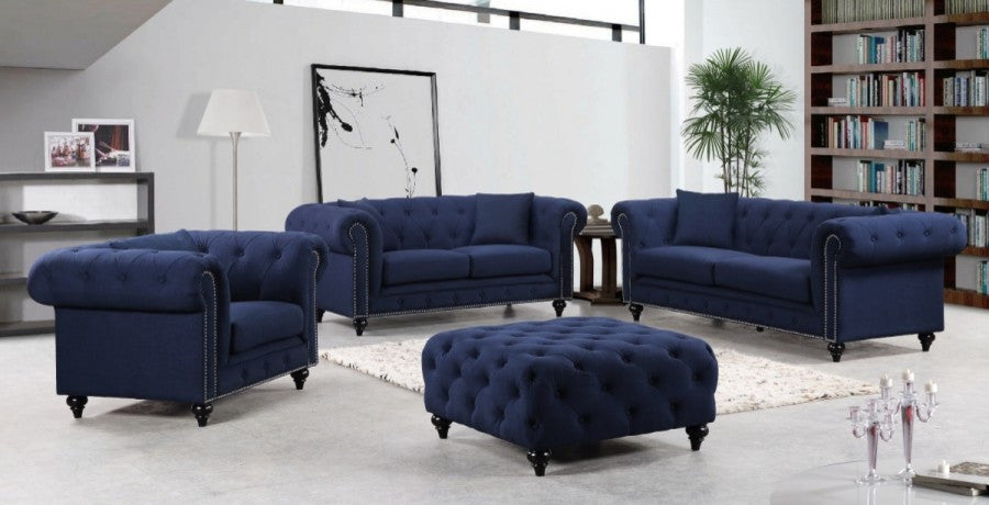 Chesterfield Linen Textured Fabric Upholstered Loveseat, Navy