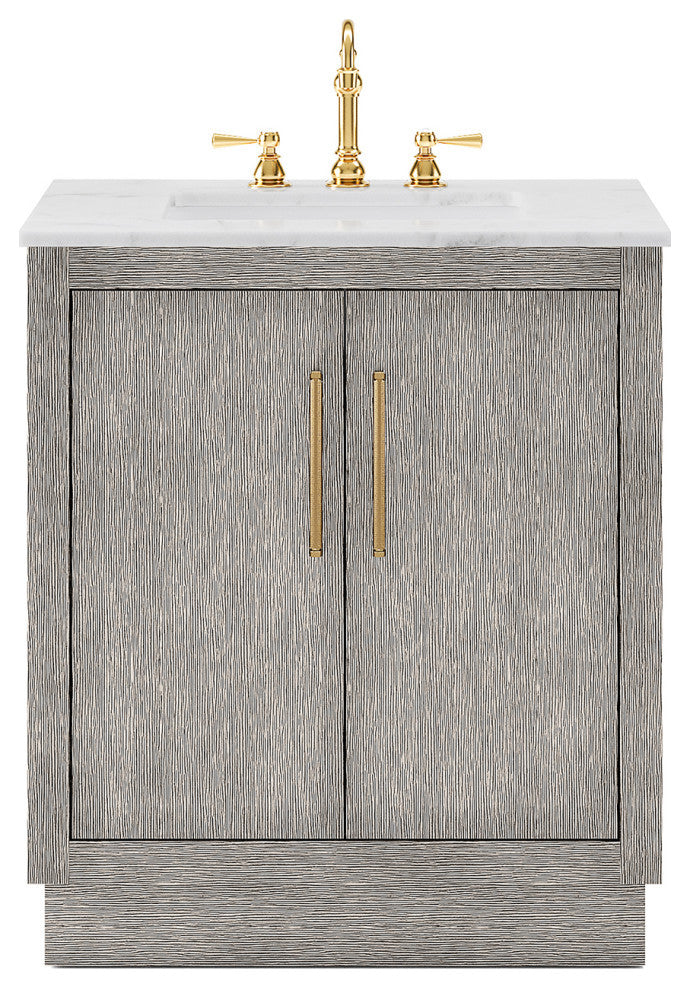 Hugo 30 Single Sink White Marble Countertop Vanity, Gray Oak With Hook Faucet