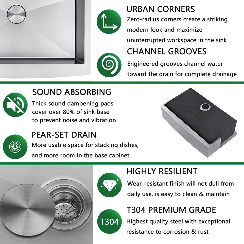 33" Farmhouse Kitchen Sink and Faucet Combo, Drain  Strainer, Protective Grid