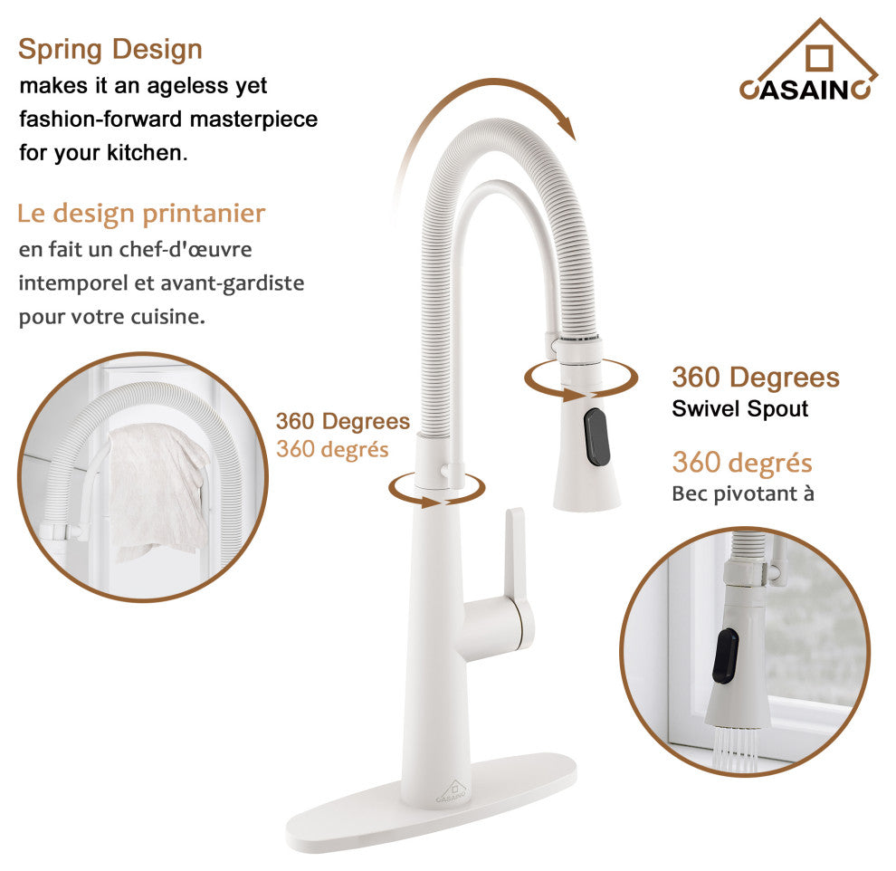 Single-Handle Spring Neck Standard Kitchen Faucet with Dual-Function, Matte White