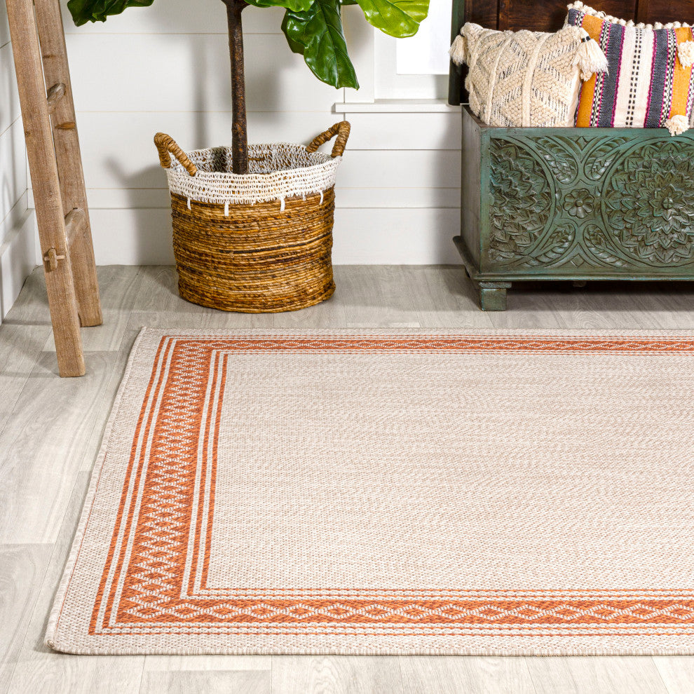 Lucia Classic Diamond Border Indoor/Outdoor Area Rug, Cream/Orange, 4x6