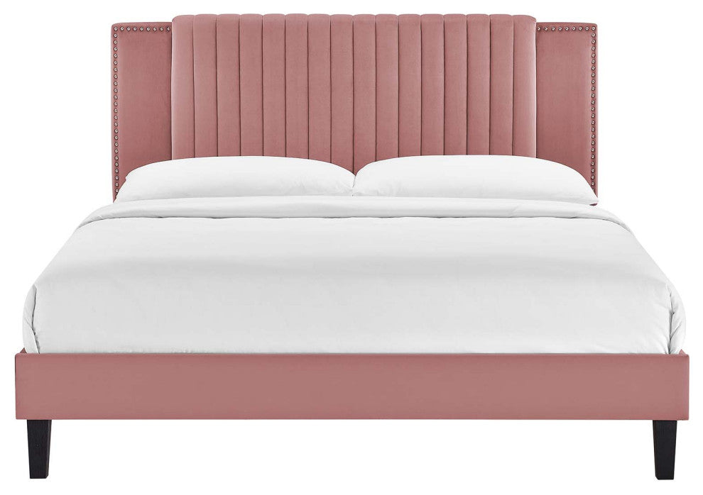 Zahra Channel Tufted Performance Velvet King Platform Bed, Dusty Rose