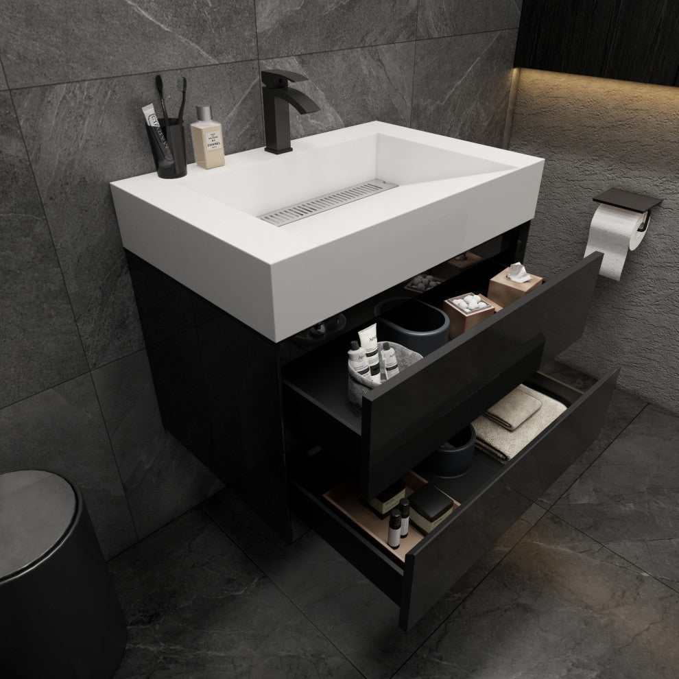 MAX 30" Floating Bath Vanity With Acrylic Sink, Gloss Black