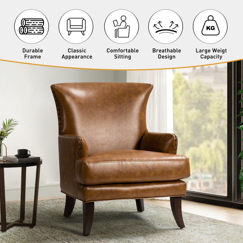 Classic Wooden Upholstered Leather Armchair, Camel