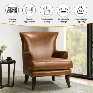 Classic Wooden Upholstered Leather Armchair, Camel