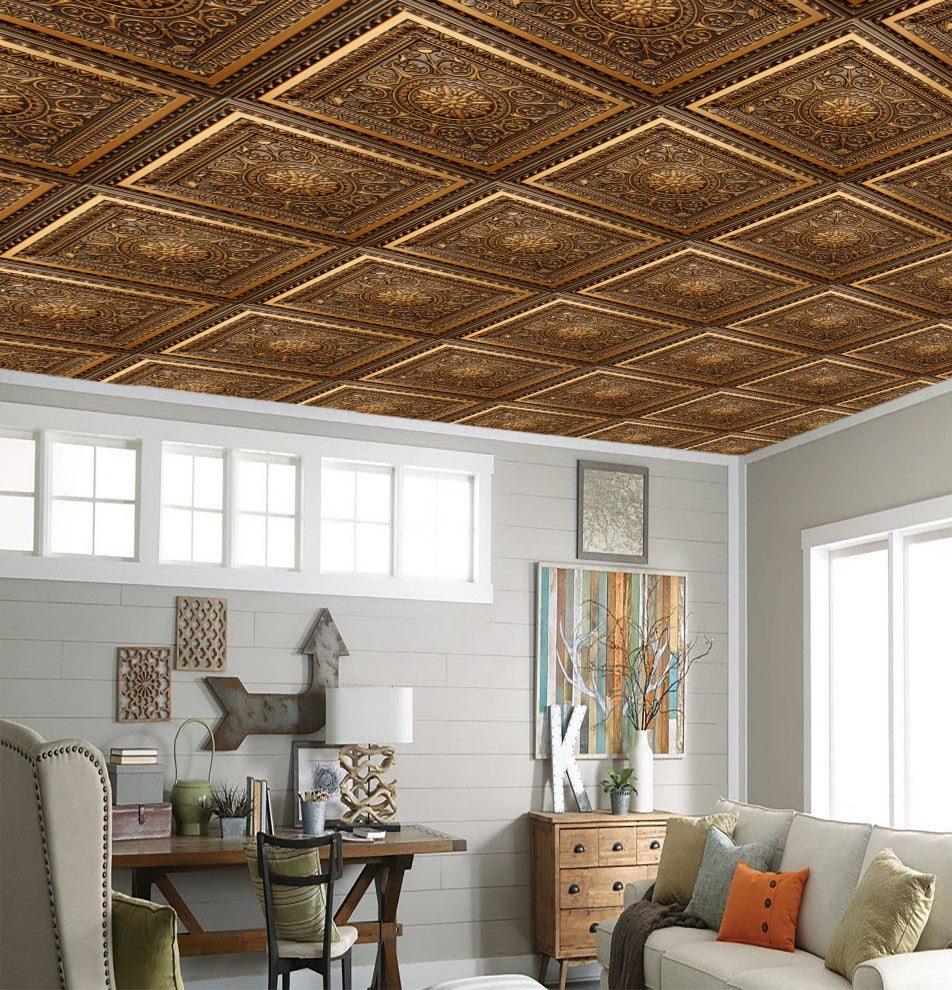 Antique Gold 3D Ceiling Panels, 2'x2', 100 Sq Ft, Pack of 25