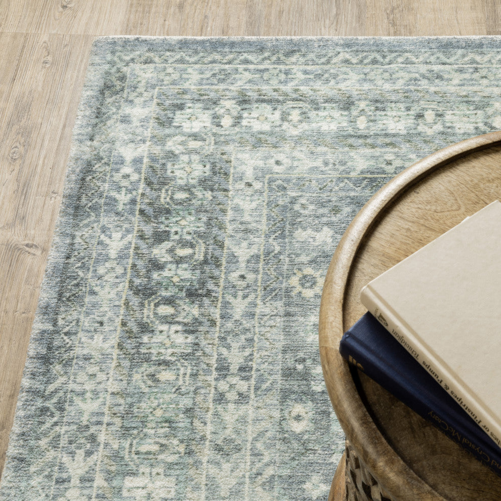 Sanjay Distressed Floral Blue/Ivory Microfiber Area Rug, 2'x8'